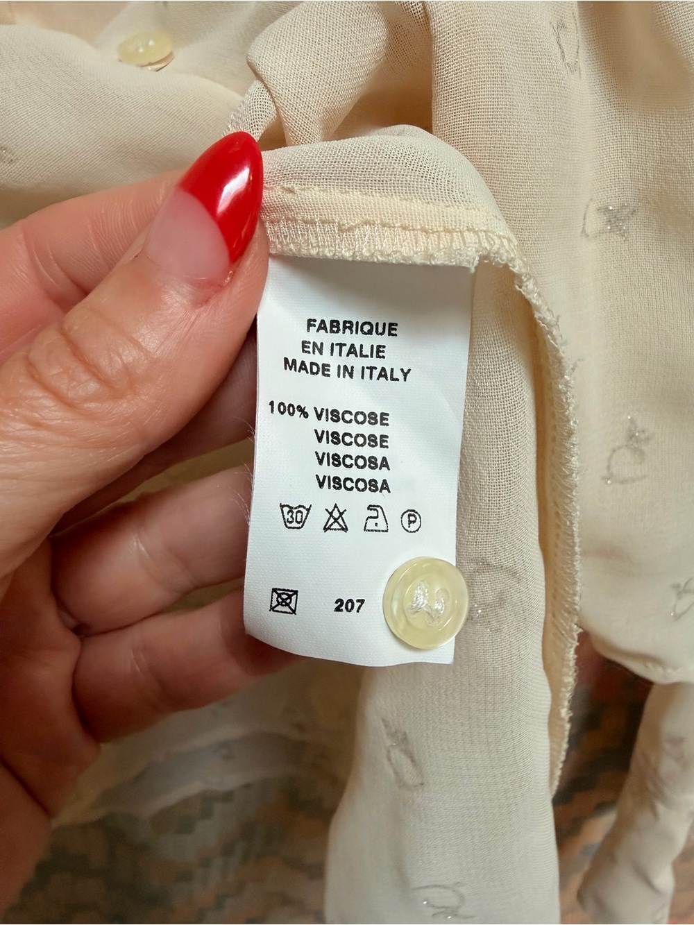 CACHAREL Y2K era Sheer Beige Metallic Print Viscose Blouse Top Sz Small - Picture 4 of 8